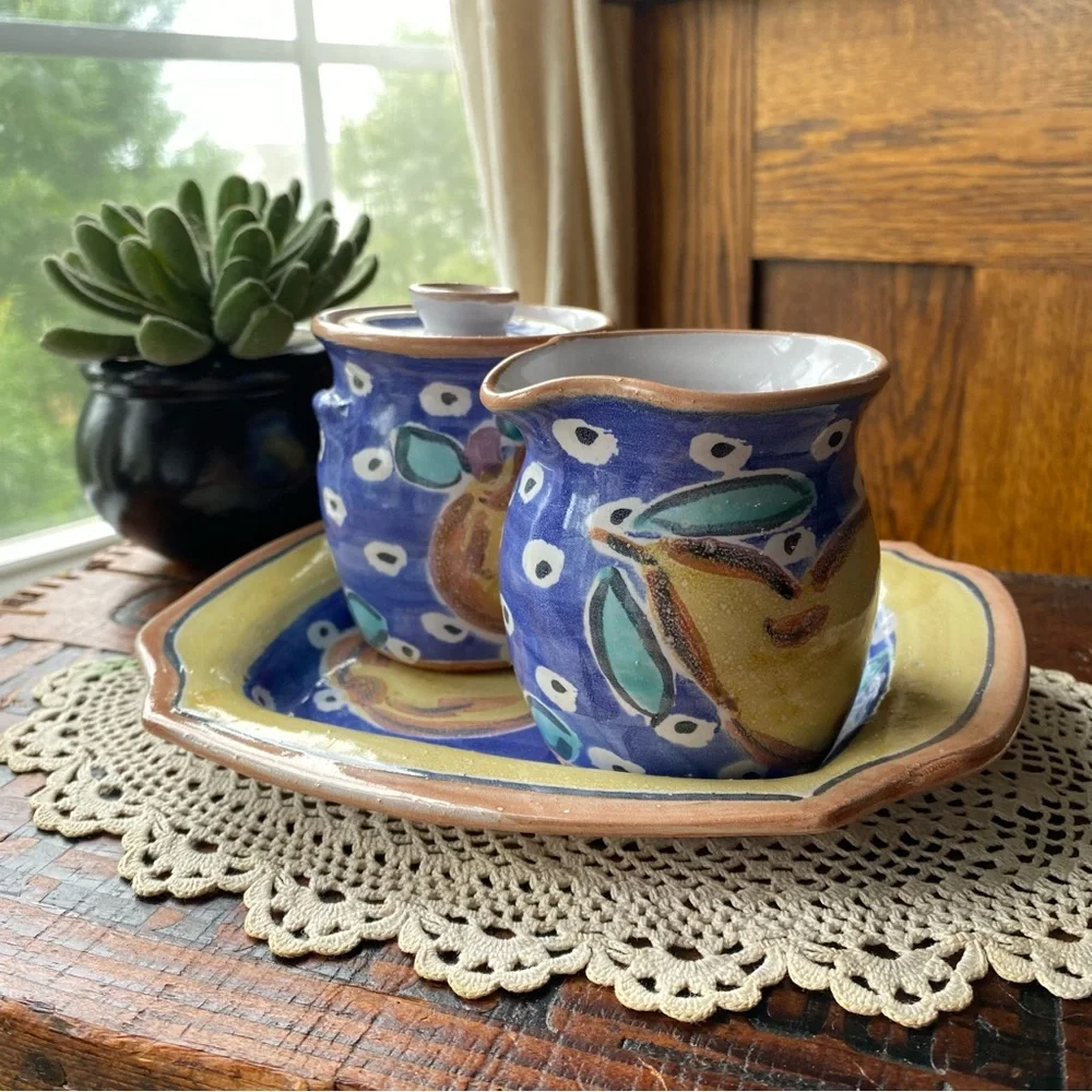 Studio Pottery Pear Sugar and Creamer Dish Set EUC